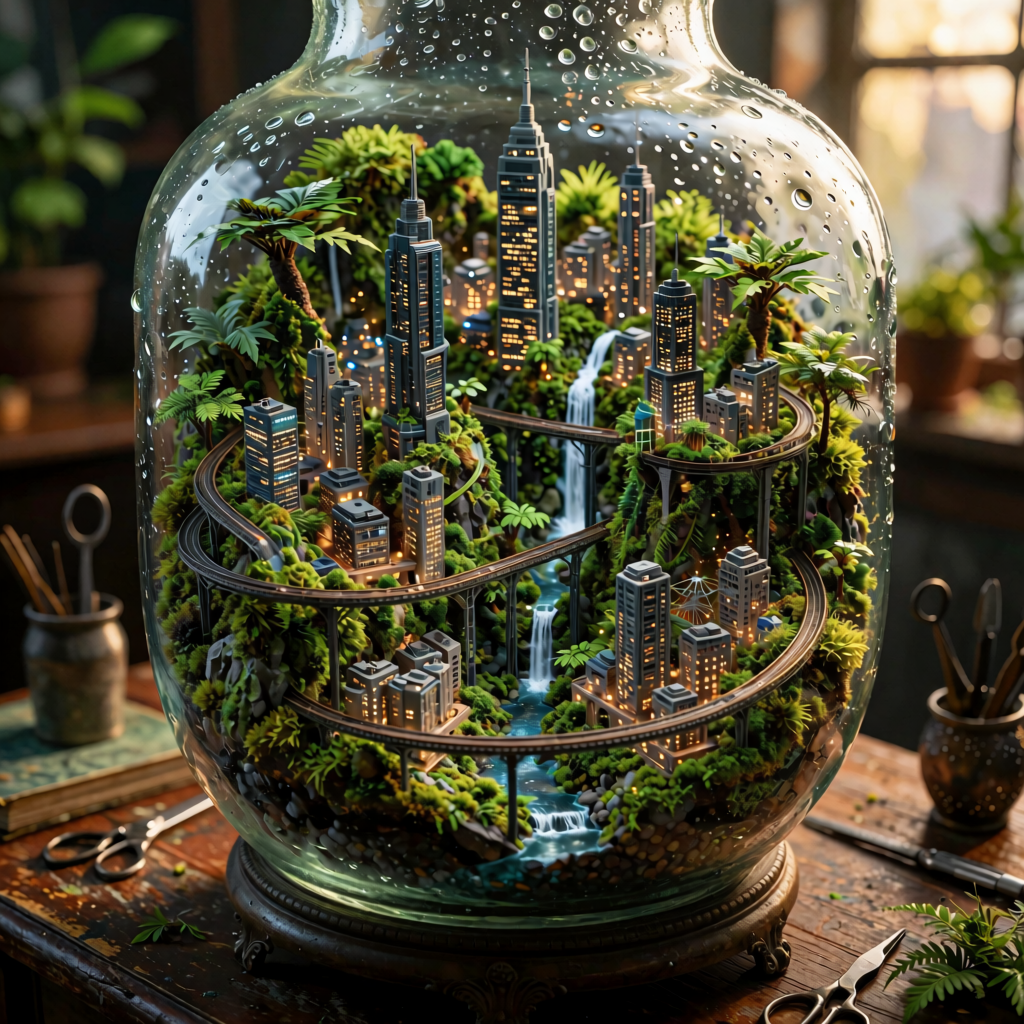 Miniature green city inside a glass bottle generated with Krealize