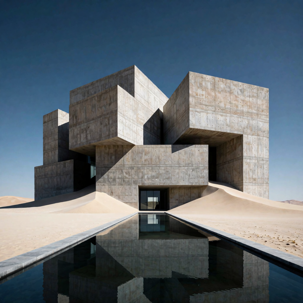 Brutalist building in a desert generated with Krealize