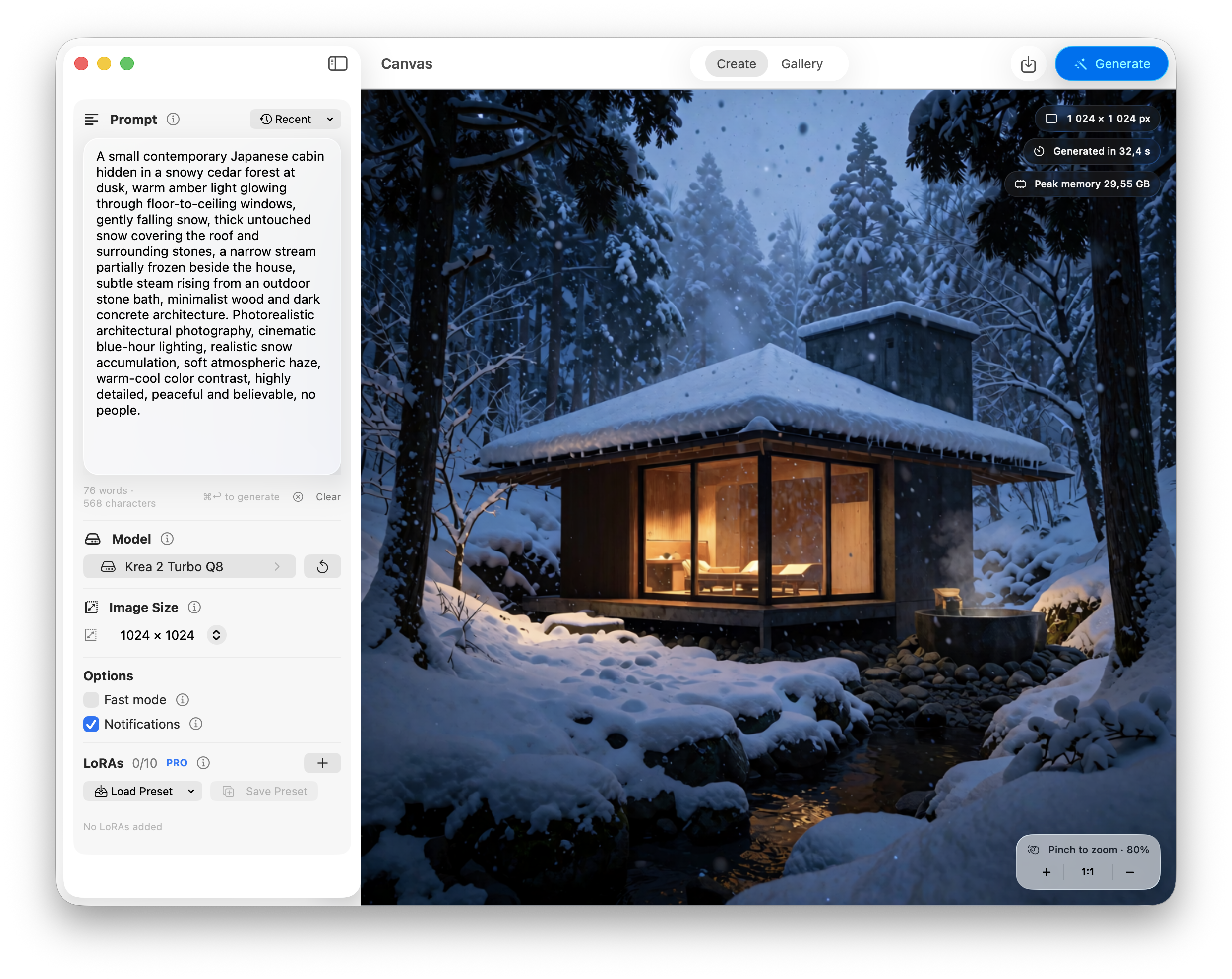 Krealize generating a snowy cabin image on a Mac